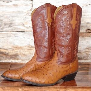 Ferrini Genuine Ostrich Cowboy Boots Two Tone Cognac Brown Western 11 EE Wide